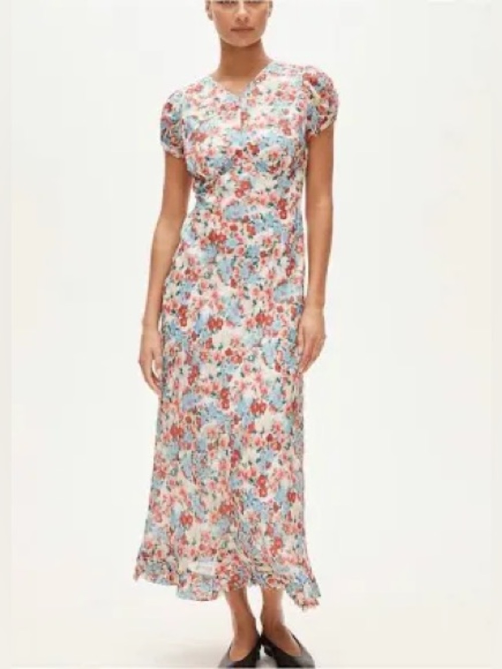 J crewβ new cap sleeve Ruffle-hem floral midi dress high v neck line women's 6